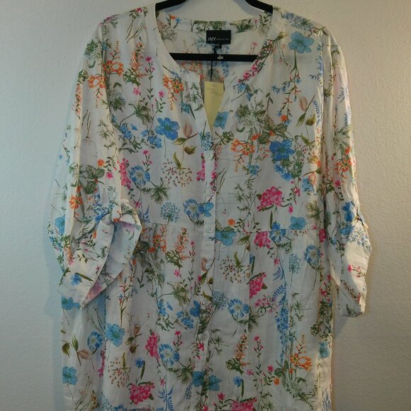 JNY Jones New York Floral Print Linen Blend Tunic Top Womens 2X Plus Size - Picture 1 of 8
